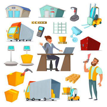 Warehouses character and object design set. Delivery and storage goods. Cartoon vector illustration.