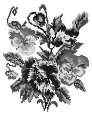 Bouquet of flowers (poppies and pansies) using traditional Ukrainian embroidery elements. Black and white tones. Painting art.
