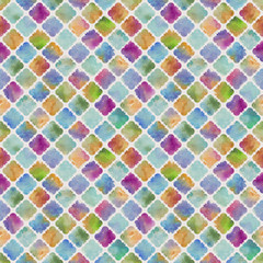 Seamless bright colorful pattern based on watercolor background and vector shapes