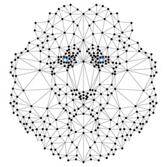 Head of lion with blue eyes. Image illustration of many triangles. Can be used as poster, emblem, sign, symbol, banner, sticker, icon.