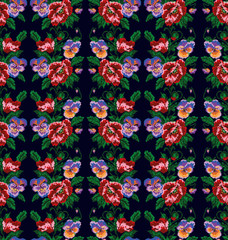  Color bouquet of flowers (poppies and pansies) on the dark background using traditional Ukrainian embroidery elements. Seamless pattern. Can be used as pixel-art.