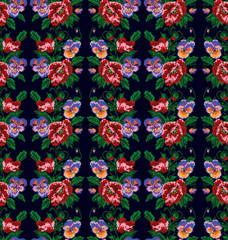  Color bouquet of flowers (poppies and pansies) on the dark background using traditional Ukrainian embroidery elements. Seamless pattern. Can be used as pixel-art.