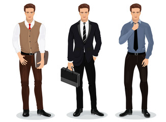 Men in stylish clothes. Set of businessmen. Detailed male characters. Vector illustration