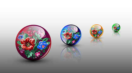 3D сolorful glassy spheres with flowers in ukrainian ethnic motif.