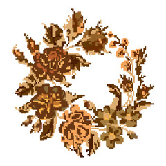 Wallpapers or textile. Circle  bouquet of flowers (roses, chamomile and cornflowers) using traditional Ukrainian embroidery elements. Brown tones. Can be used as pixel-art.