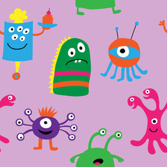 Seamless pattern of monsters on a purple background