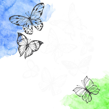 Vector background with hand drawn butterflies and colored watercolor elements. Spring sketch illustration with space for text, invitation or greeting card.