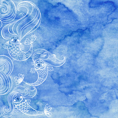 Marine illustration with cartoon mermaids and waves on a blue watercolor background.