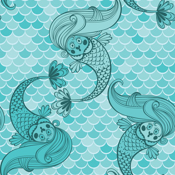 Seamless pattern with cute mermaids. Monochrome vector background.