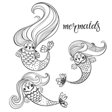 Mermaids. Vector contour  illustration. Black and white isolated elements for design.