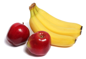 banana and red apple isolated on white background
