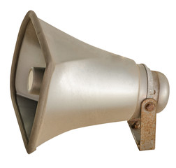 Dusty Outdoor Horn Speaker with Rusty Mounting Plate Isolated on White Background, Clipping Path