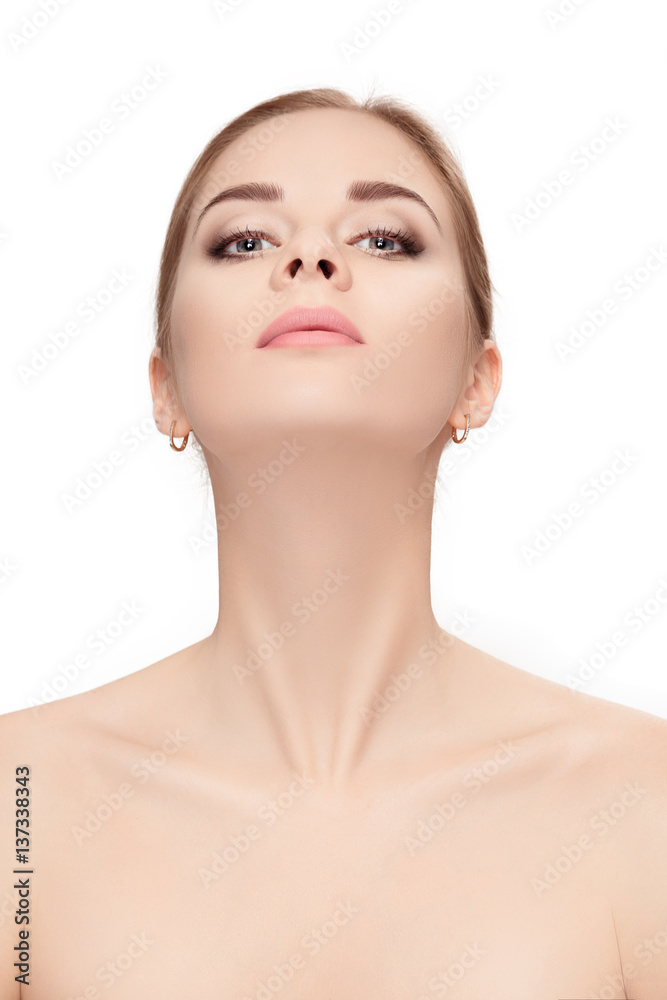 Poster portrait of female neck on white background closeup. girl with c