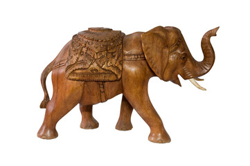 Statue of an elephant made of wood isolated on white