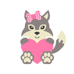 cute wolf wih bow and heart vector