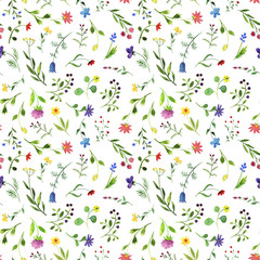 seamless pattern with watercolor doodle plants and flowers