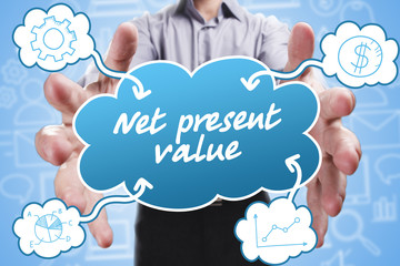 Business, Technology, Internet and marketing. Young businessman thinking about: Net present value