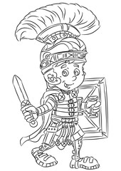 happy smiling cartoon roman soldier commander standing with sword and shield