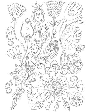 hand drawn flowers coloring page for adults