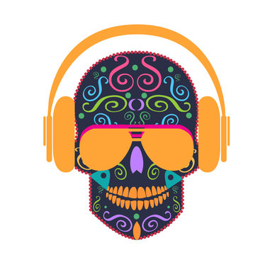 Skull icon vector with sunglasses and headphones 