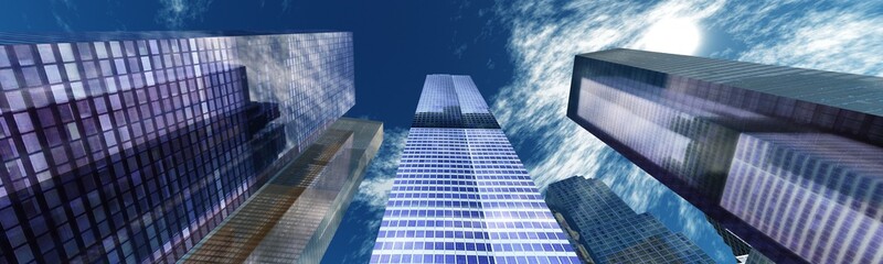 Fototapeta na wymiar Panorama of beautiful skyscrapers against the sky with clouds. 3d rendering. 