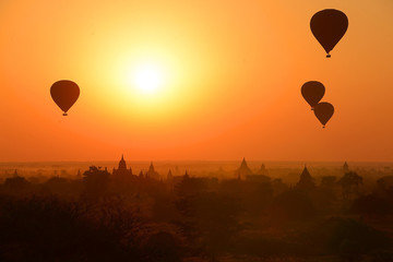 The Ancient Temples of Bagan(Pagan) with rising balloon above, Mandalay, Myanmar