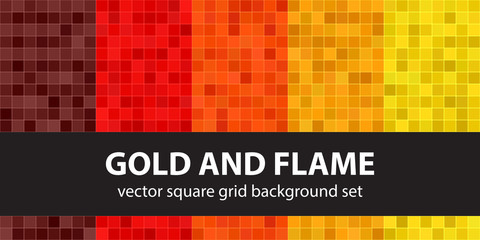 Pixel pattern set "Gold and Flame". Vector seamless pixel art backgrounds