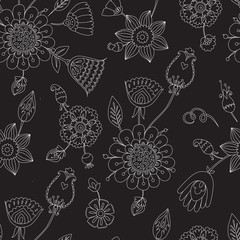 linear floral design on a black background, black and white seamless pattern