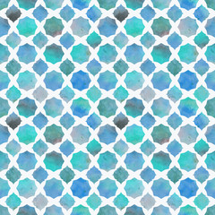 Seamless bright colorful pattern based on watercolor background and vector shapes