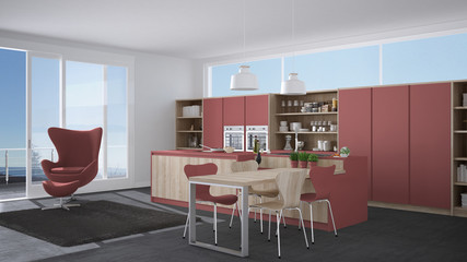 Modern gray and red kitchen with wooden details, big window with sea or lake panorama