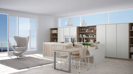 Modern white kitchen with wooden details, big window with sea or lake panorama