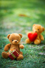 two bear dolls and gift box with dramatic tone, select the one bigger