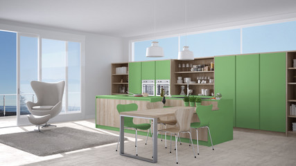 Modern white and green kitchen with wooden details, big window with sea or lake panorama