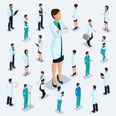 Fototapeta na wymiar Trendy isometric people. Medical staff, hospital, doctor, nurse, surgeon. People for the front view of the visas, standing position isolated on a light background. 2