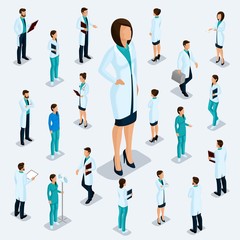 Fototapeta na wymiar Trendy isometric people. Medical staff, hospital, doctor, nurse, surgeon. People for the front view of the visas, standing position isolated on a light background. Set 3