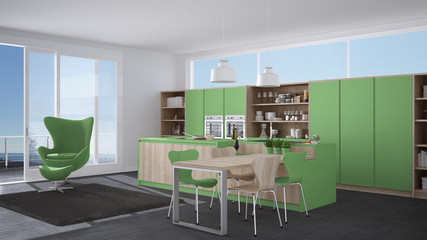 Modern gray and green kitchen with wooden details, big window with sea or lake panorama