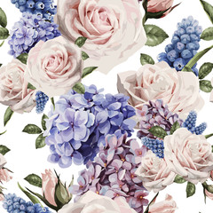 Seamless floral pattern with roses, watercolor. Vector illustration.