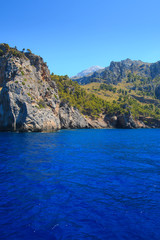 Fototapeta na wymiar View from ocean to Sá Calobra beach in Majorca, Spain