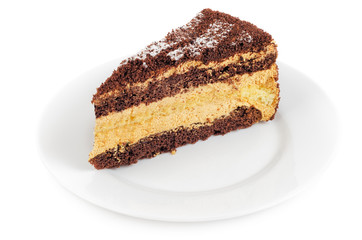 Chocolate cake in plate isolated on white