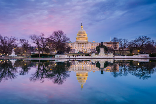 The United States Capitol at sunset, in Washington, DC.