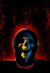 a skull with the cap is laughing with a dark background and splashes of blood, 3d illustration