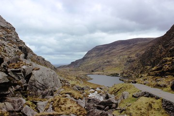 Fototapeta na wymiar Irish landscape as Gap of Dunloe in Killarney National Park,Kerry,Ireland, cloudy day