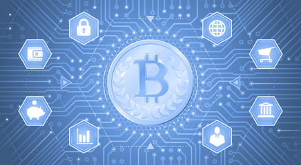 Digital Bitcoin. Golden coin with the Bitcoin symbol in 'electronic' cyberspace. Graphic template on the subject of 'Crypto-Currencies'.