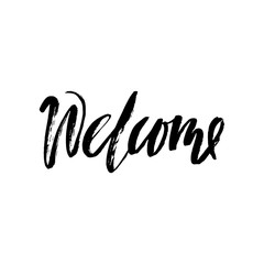 Naklejka premium Welcome inscription. Greeting card with calligraphy. Hand drawn design elements. Black and white.