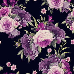 Seamless floral pattern with roses, watercolor.