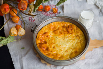 Cottage cheese casserole with eggs, flour and sugar. The national traditional dish.