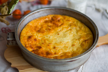 Cottage cheese casserole with eggs, flour and sugar. The national traditional dish.