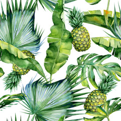 Seamless watercolor illustration of tropical leaves and pineapple, dense jungle. Pattern with tropic summertime motif may be used as background texture, wrapping paper, textile,wallpaper design. 