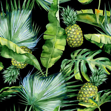 Seamless watercolor illustration of tropical leaves and pineapple, dense jungle. Pattern with tropic summertime motif may be used as background texture, wrapping paper, textile,wallpaper design. 