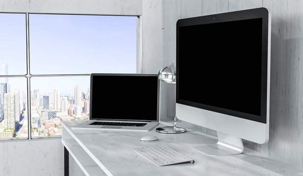 Modern desktop interior with computer and devices 3D rendering